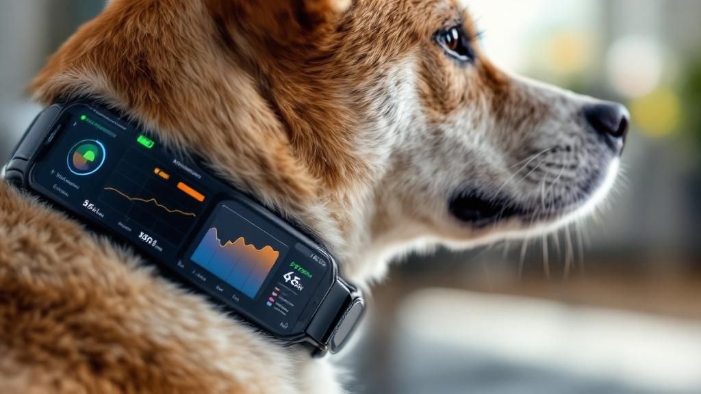A close-up, detailed shot of a sleek, modern smart collar on a dog, with a smart