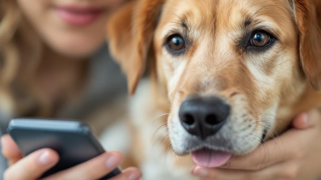 A close-up photo of a concerned-looking dog owner gently holding their female do