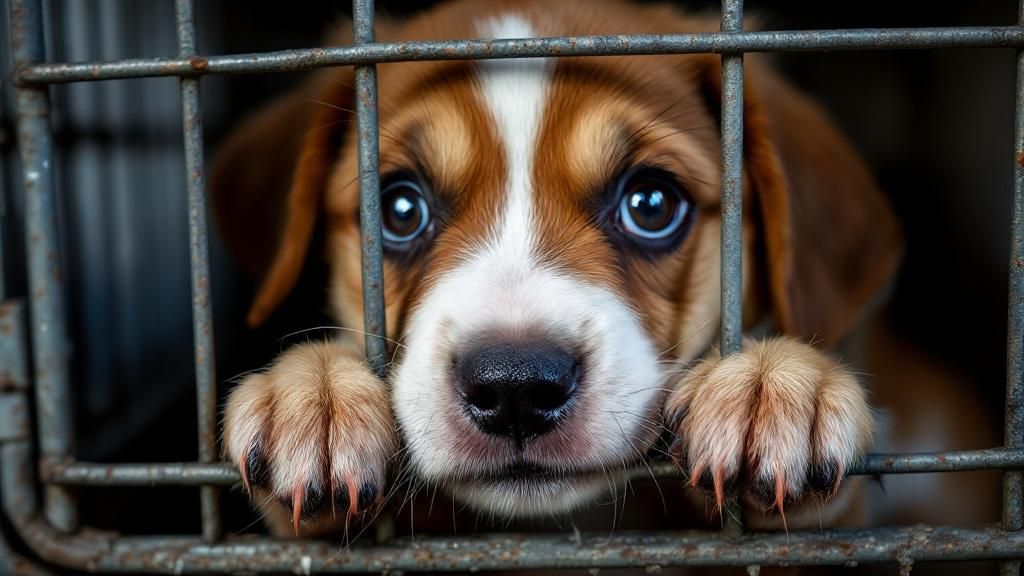 A close-up photo of a distressed puppy inside a crate, with visible drool, wide