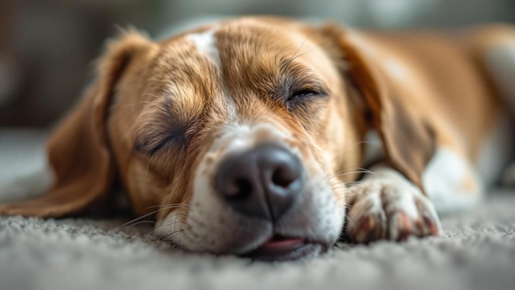 A close-up photo of a dog in a resting position, looking uncomfortable with mout
