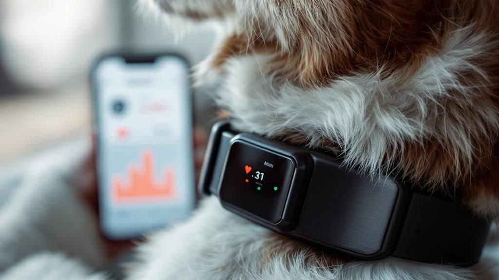 A close-up photo of a modern, sleek smart collar on a dog, with a smartphone scr