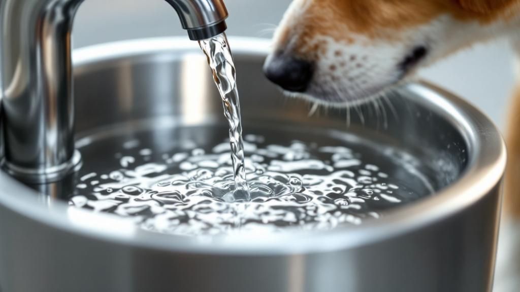 A close-up photo of a modern, stainless steel dog water fountain with clean, spa