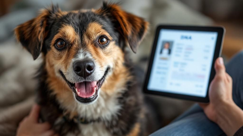 A close-up photo of a person holding a dog DNA test kit next to their smiling mi