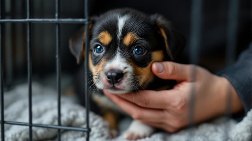 A close-up photo of a person's hand gently stroking a whimpering, anxious-lookin