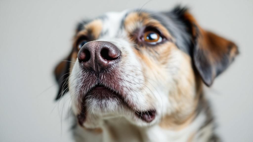 A close-up photo of a senior dog looking up with a gentle, slightly pained expre