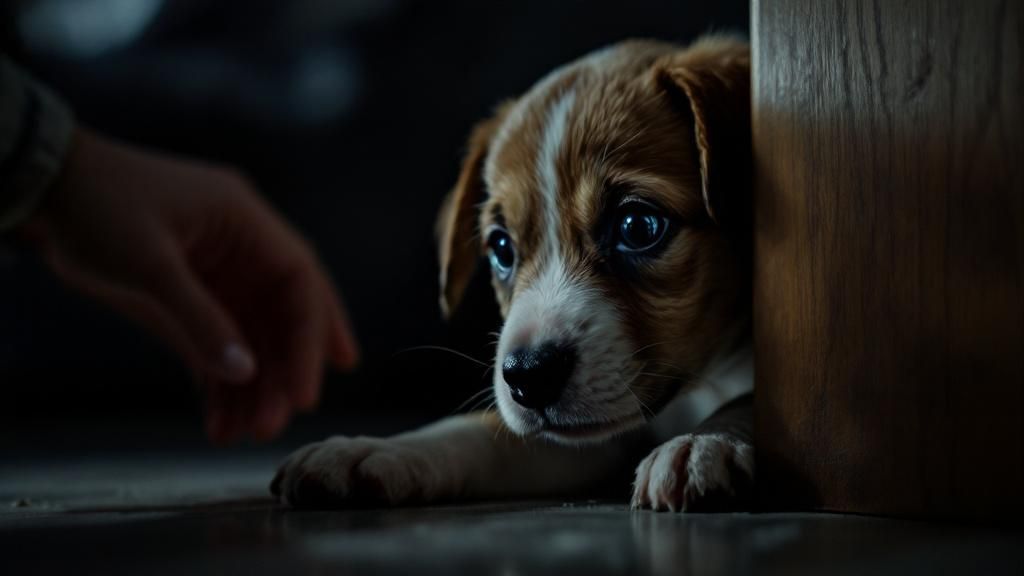 A close-up photo of a small, worried-looking puppy in a dimly lit room, their ey