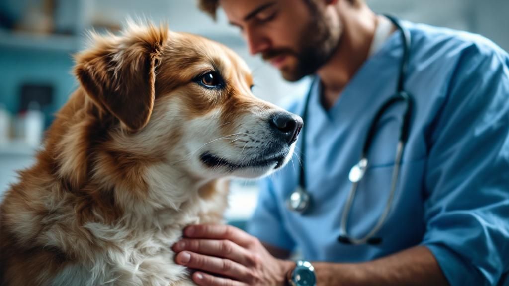 A close-up photo of a veterinarian with a stethoscope, listening intently to a c