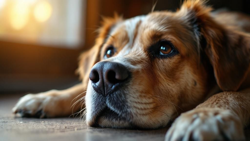 A close-up photo of an older dog lying down, looking up with a gentle, slightly 