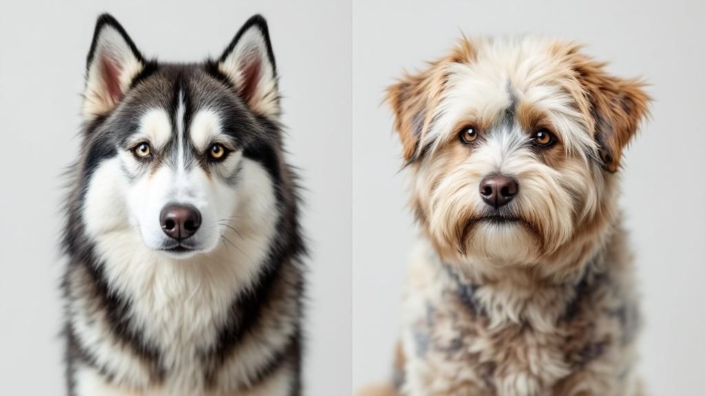 A comparison photo split vertically: one side shows a healthy, full double coat