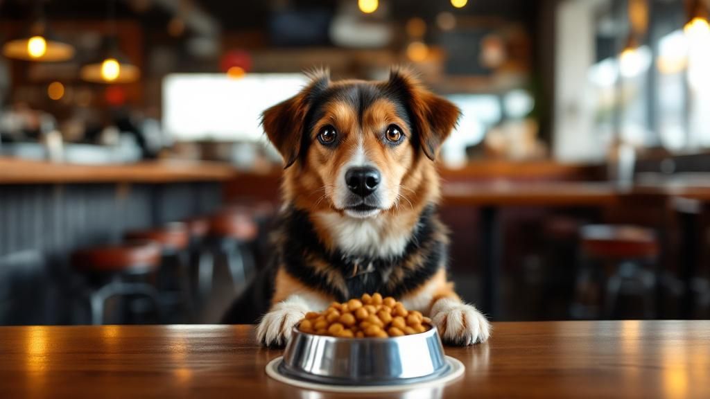 A dog sitting attentively at an indoor brewpub table, with a small bowl of speci