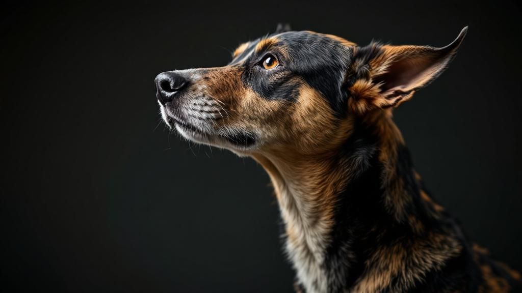 A dog standing with elbows spread wide and neck extended, showing clear signs of