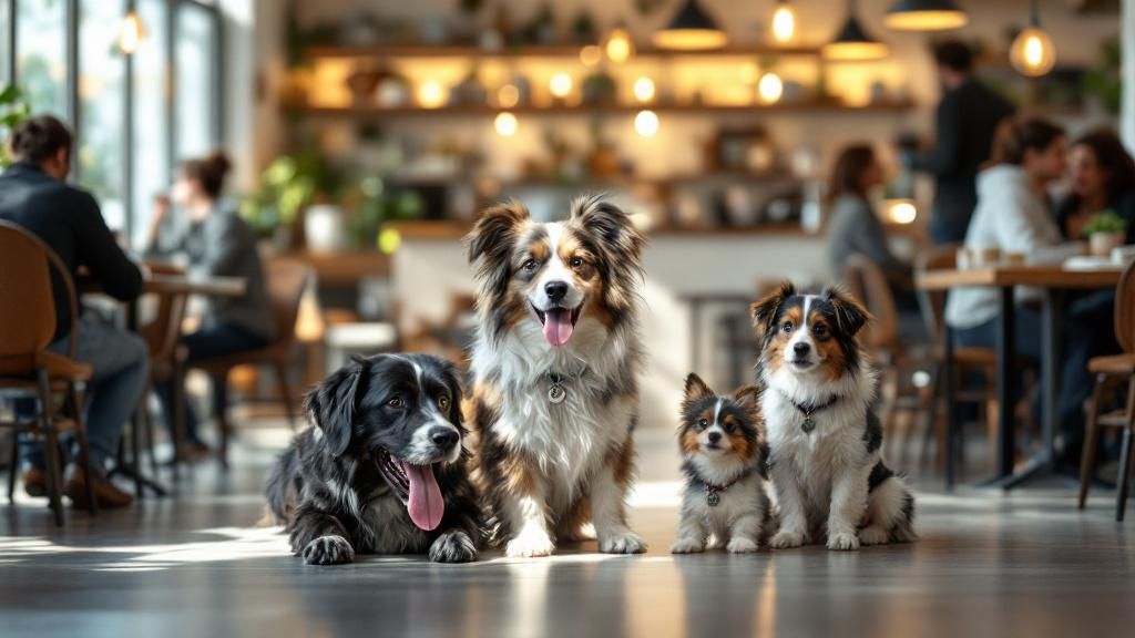 A lively, modern cafe interior with people sitting at tables alongside well-beha
