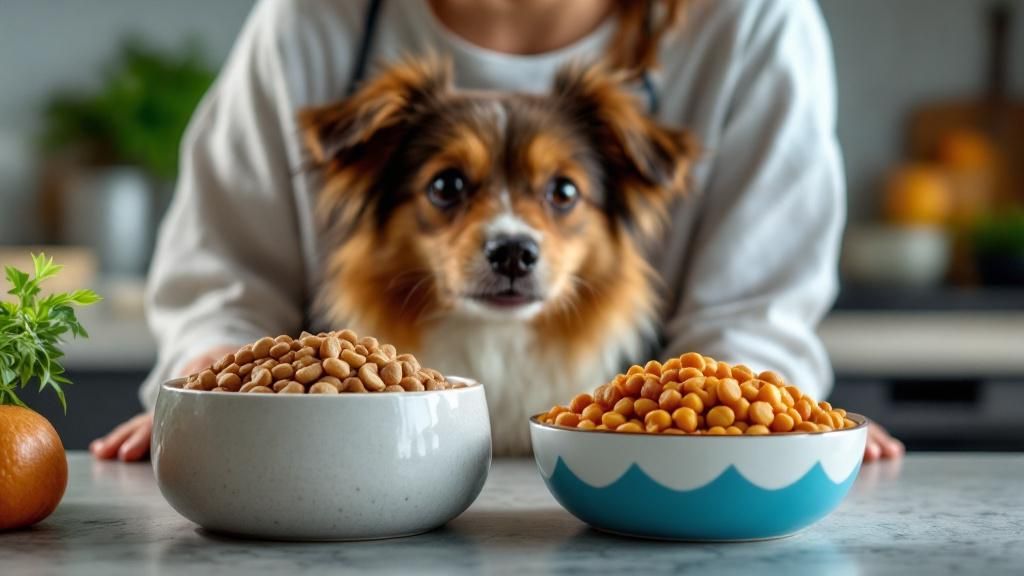 A person looking thoughtfully at a bowl of commercial kibble and fresh ingredien