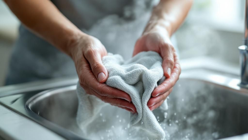 A person's hands carefully wringing out a damp towel over a sink, with steam gen
