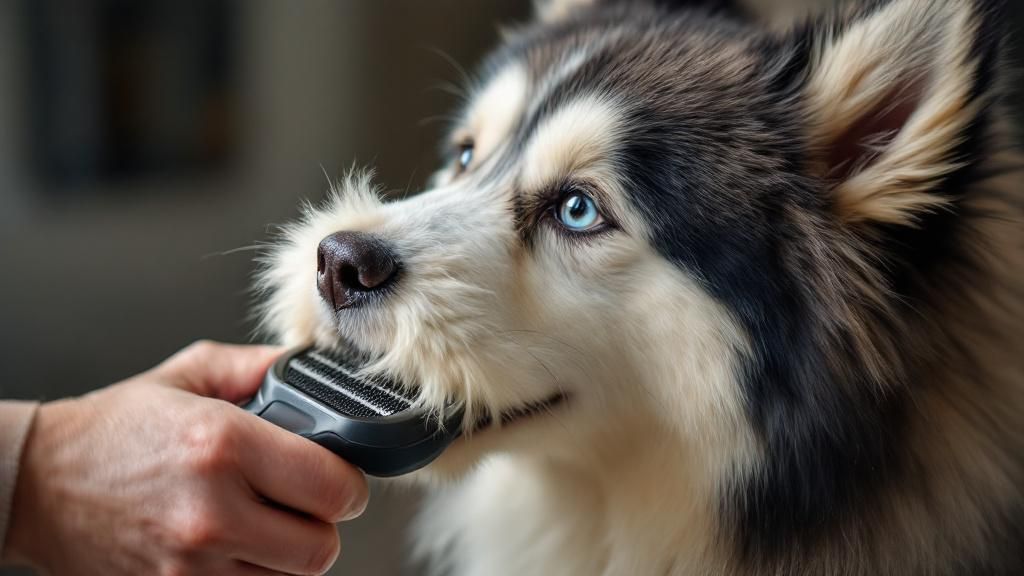 A photo of an undercoat rake in use on a fluffy dog like a Husky, pulling out a