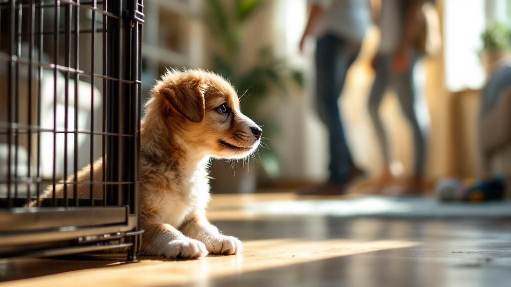 A playful puppy in a sunlit living room, looking longingly out of their open wir