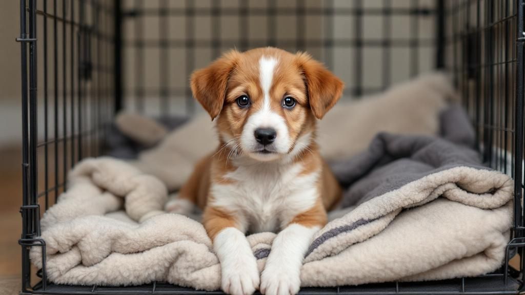 A puppy sitting inside a correctly sized crate, looking cozy and comfortable wit