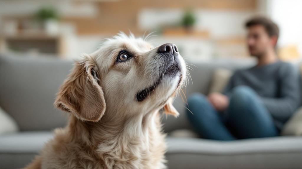 A senior dog looking up at a couch, showing a moment of hesitation before attemp