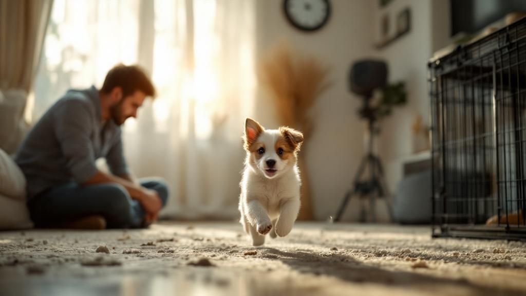 A tired owner looking at a clock, with a playful puppy running in circles around
