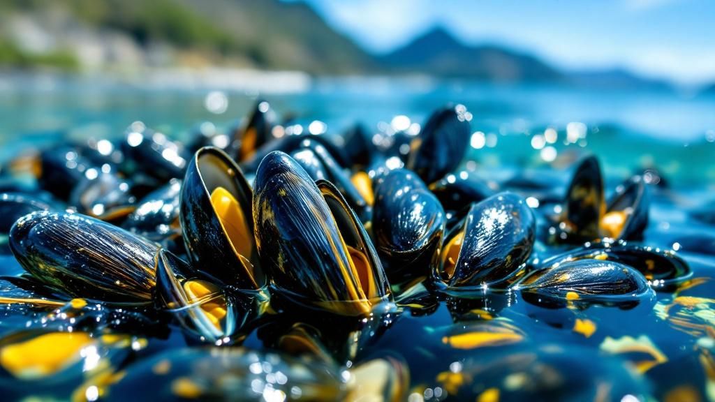 A vibrant, close-up photo of fresh green-lipped mussels in clear, sparkling blue
