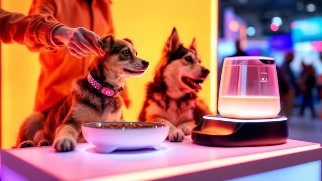 A vibrant photo from a tech expo like CES, showing a person holding up a high-te
