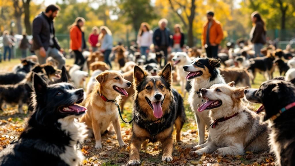 A vibrant photo of a busy dog park, with a diverse group of mixed-breed dogs pla