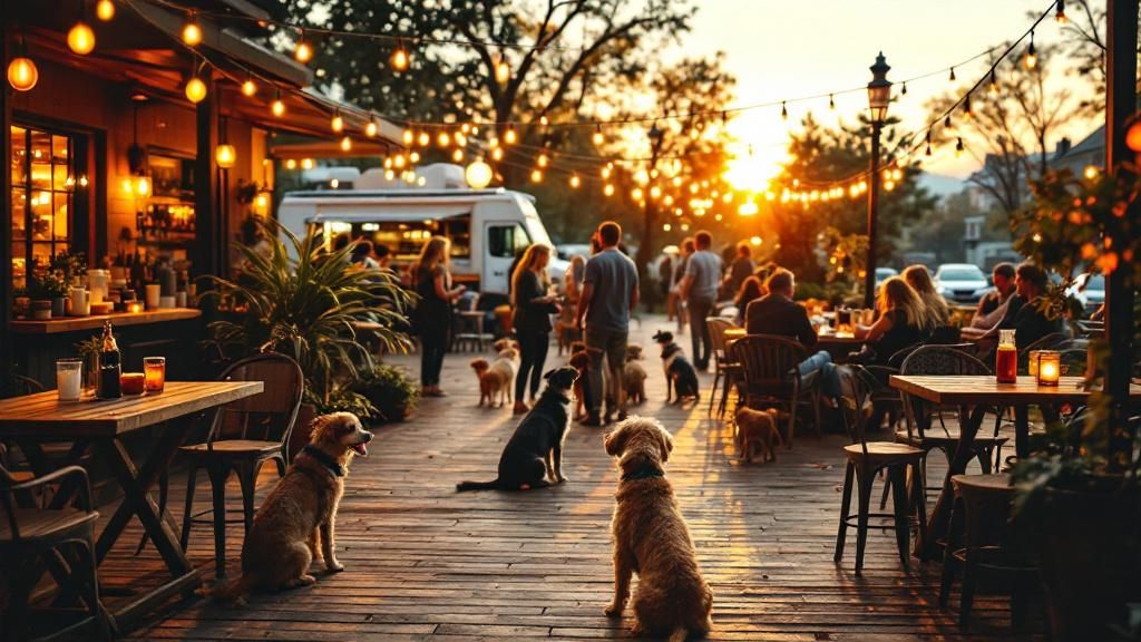 A wide shot of a lively, heated brewery patio with string lights, people and dog
