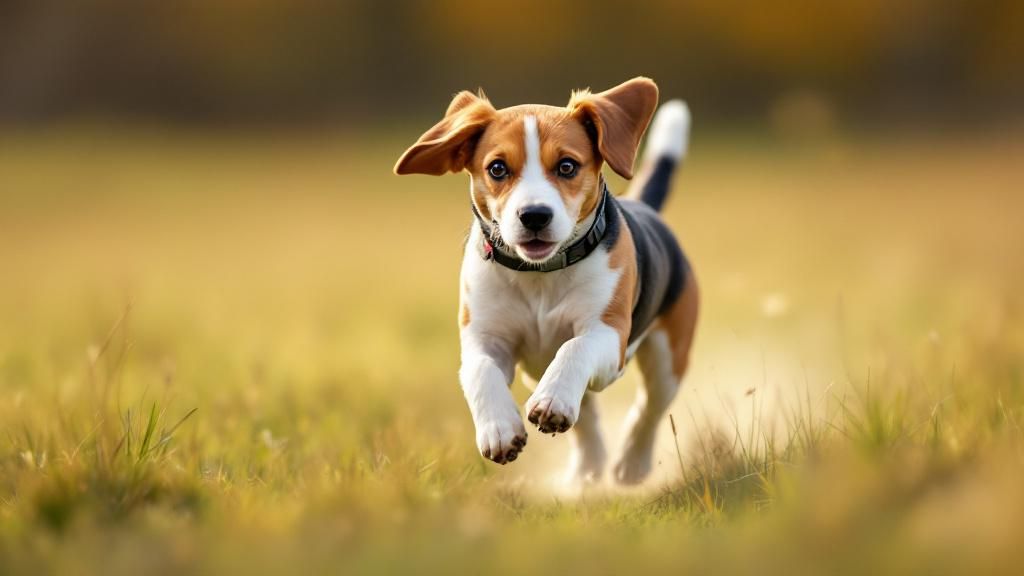 A Beagle in mid-run through a field, showcasing its athletic, scent-hound build 