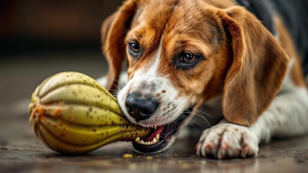 A beagle intensely chewing on a very durable, heavy-duty rubber toy, showing cle
