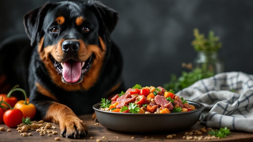 A beautifully arranged photo of a freshly prepared, human-grade dog meal with in