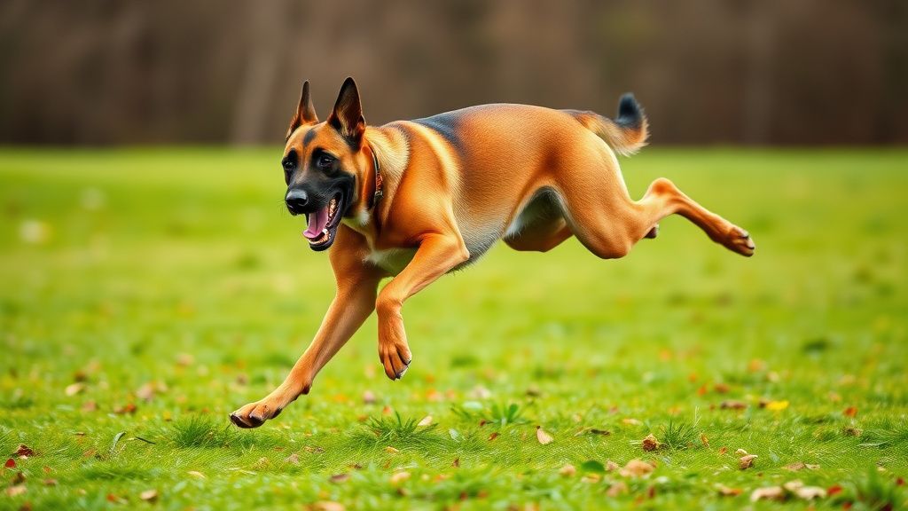 A Belgian Malinois mid-sprint or catching a frisbee, muscles tensed and body air