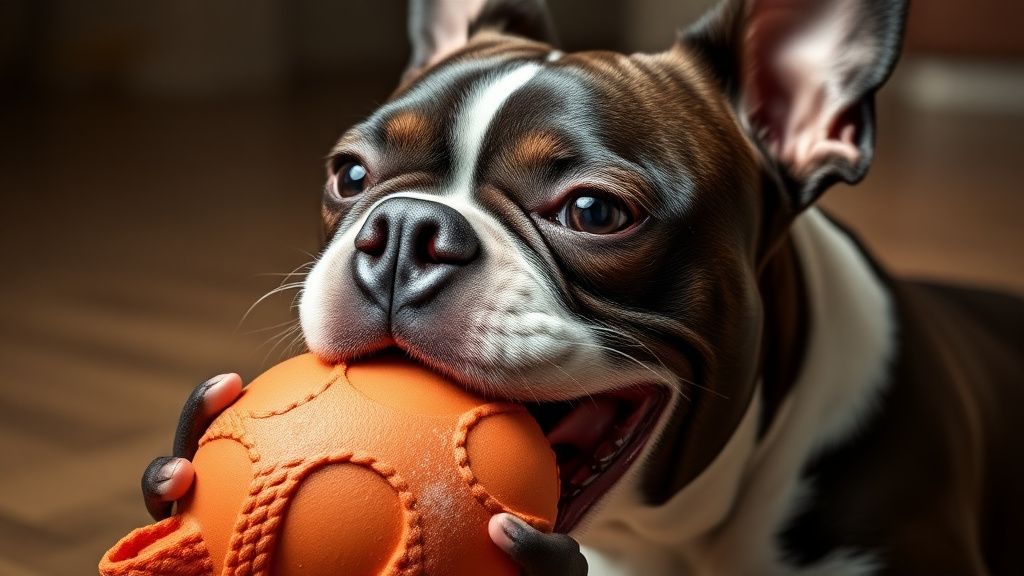 A Boston Terrier intensely and happily chewing on a durable, textured rubber toy