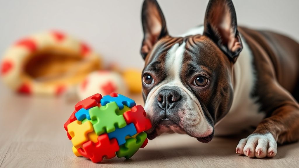 A Boston Terrier intently focused on a colorful, durable rubber puzzle toy, with