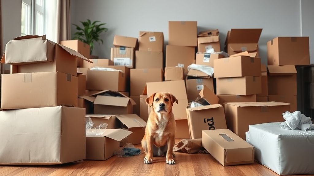 A chaotic but organized scene of half-packed moving boxes scattered around a liv