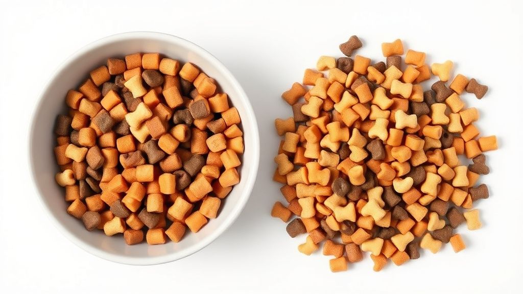A clean, minimalist photo comparing a bowl of dog food with few, recognizable in