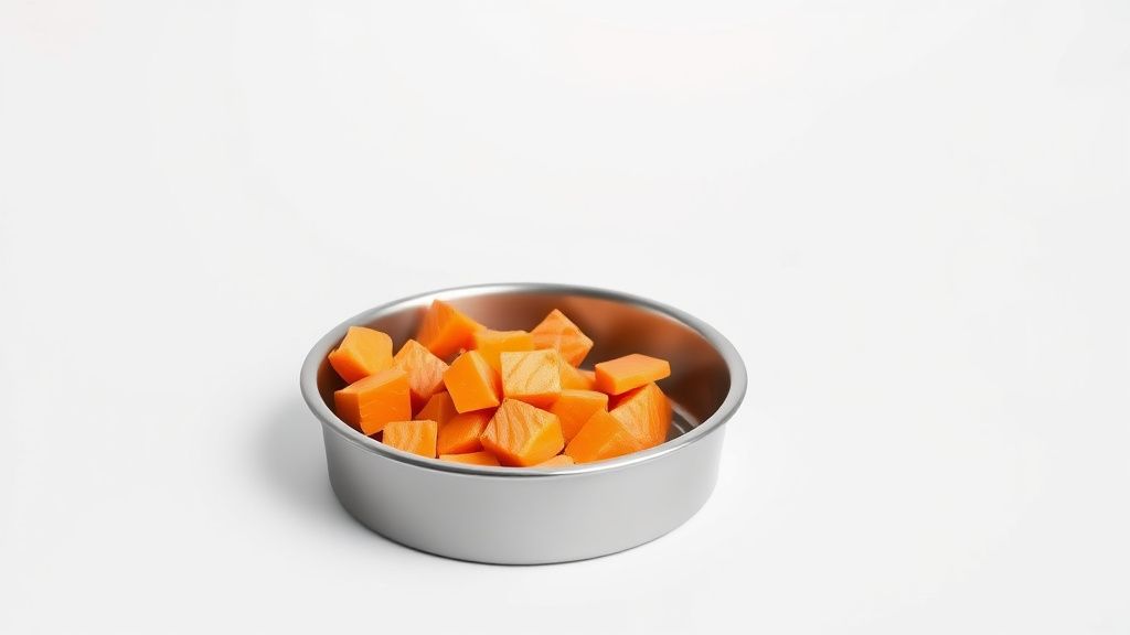 A clean, minimalist photo of a dog's food bowl containing a simple meal of salmo