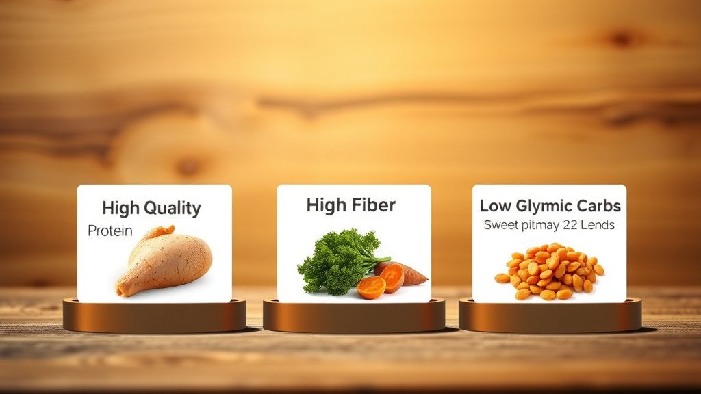 A clean, organized infographic showing three pillars labeled 'High Quality Prote