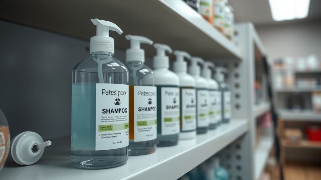 A clean, organized shelf in a vet clinic or pet store, showcasing several recomm
