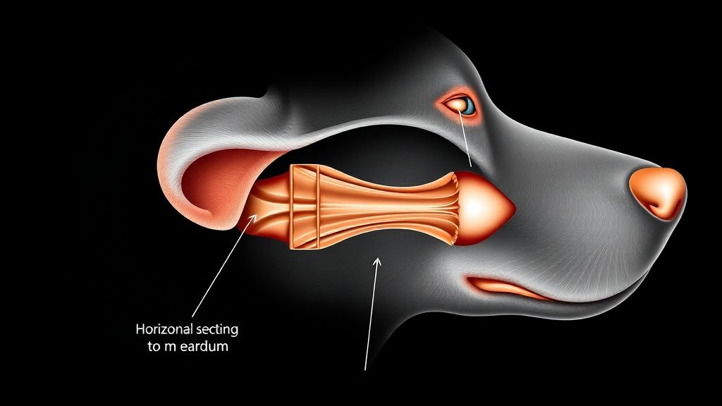 A clear anatomical diagram of a dog's L-shaped ear canal, highlighting the verti