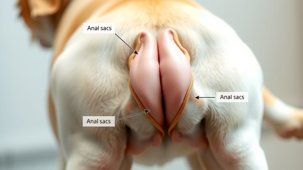 A clear, labeled diagram of a dog's rear anatomy, highlighting the two anal sacs