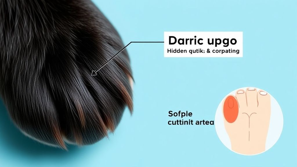 A clear, labeled diagram showing the anatomy of a dark dog nail, with an arrow p