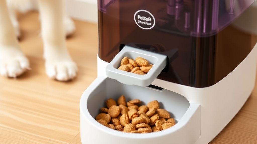 A clear photo of the PetSafe Smart Feed 2nd Generation feeder, with its conveyor
