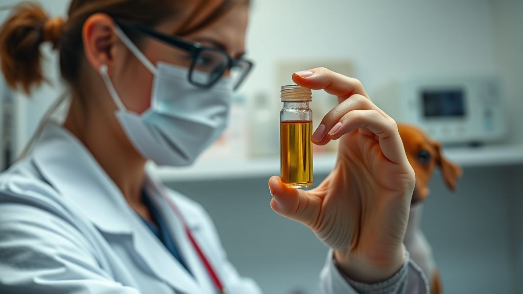 A clear, professional photo of a veterinarian in a clinic setting, holding a via