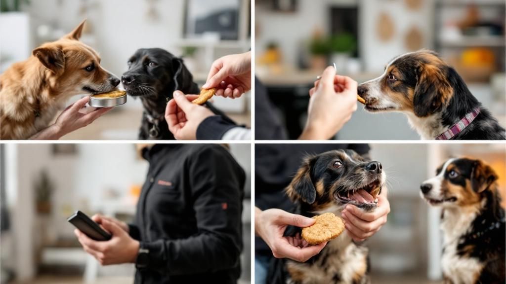 A clear sequence of four photos in a grid: 1) a dog sniffing a scent tin, 2) the
