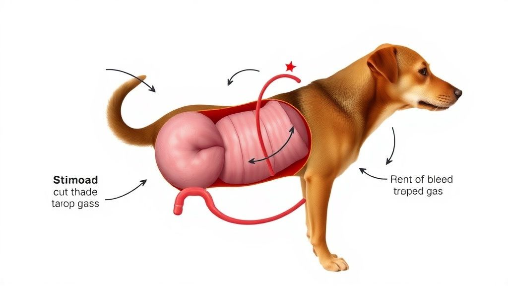 A clear, simplified diagram showing a dog's stomach twisting 360 degrees, illust
