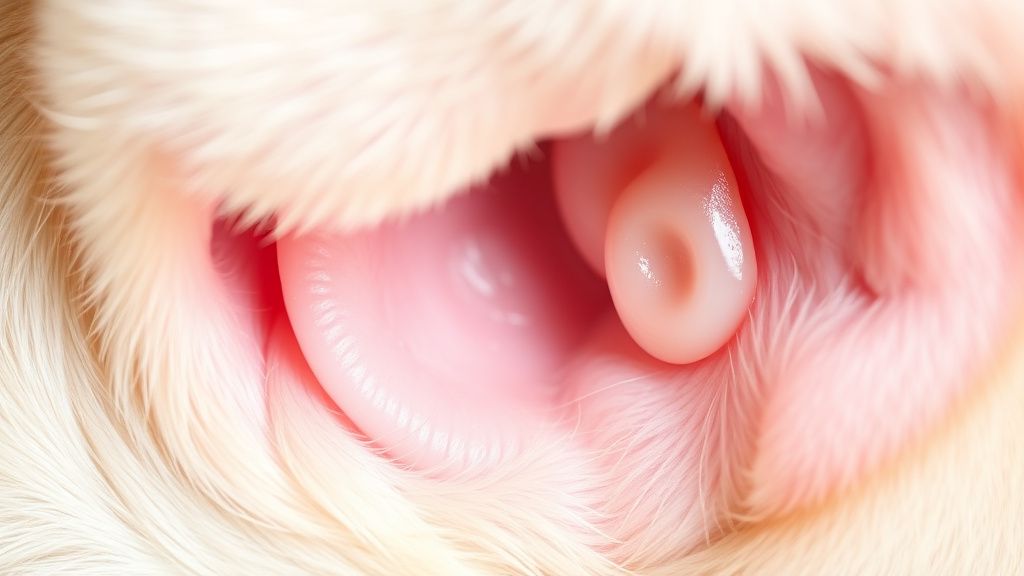 A clear, well-lit photo of a healthy dog's inner ear, showing light pink skin an