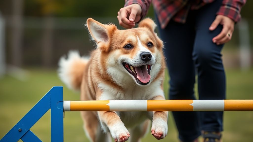 A close-up action photo of a handler using a high-value treat to guide a happy, 