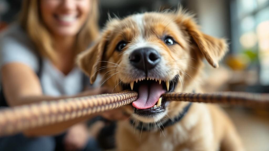 A close-up action shot of a determined puppy in a training class, its teeth gent