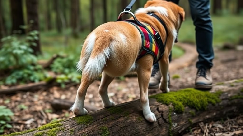 A close-up action shot of a dog wearing a sturdy, colorful no-pull hiking harnes