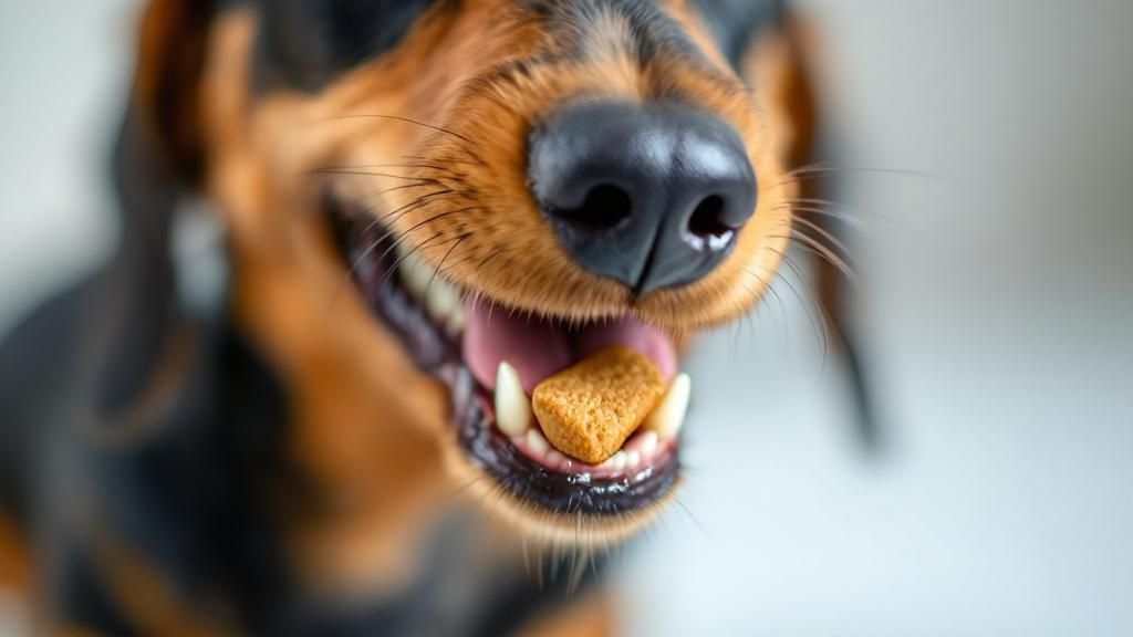 A close-up, clean photo of a Dachshund's mouth showing healthy white teeth and p